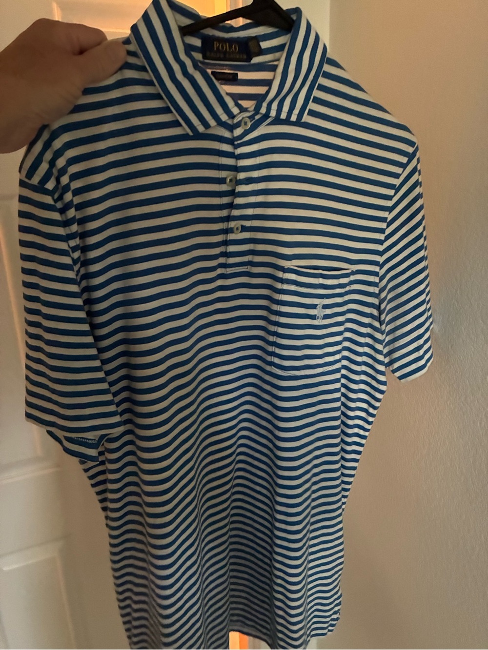 Ralph Lauren Blue and White Striped Polo Shirt with Pocket